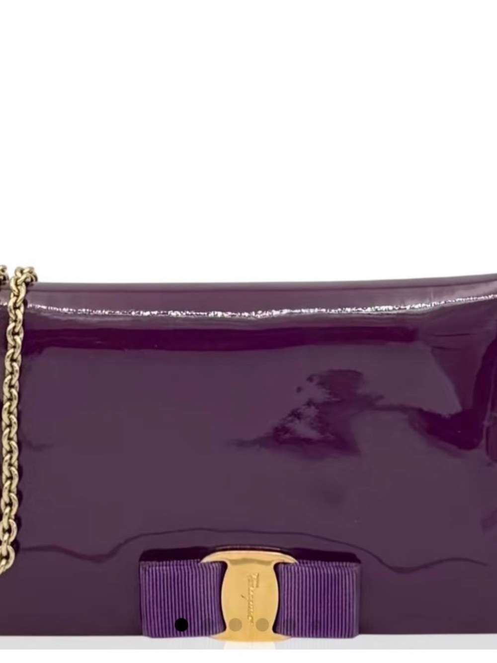 Salvatore Ferragamo Purple Patent Bow Shoulder Bag with Gold Chain